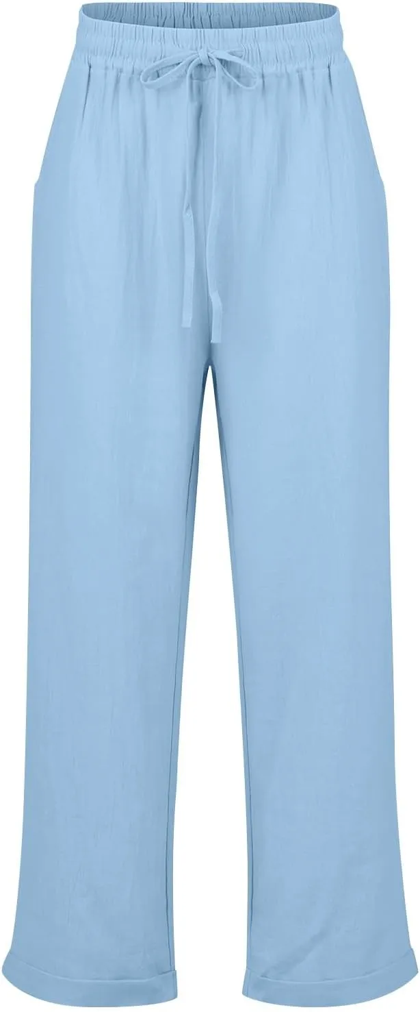 2024 Linen Crop Pants for Women Casual Summer Drawstring High Waisted Joggers with Pockets Straight Leg Cropped Pants