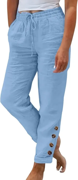 2024 Linen Crop Pants for Women Casual Summer Drawstring High Waisted Joggers with Pockets Straight Leg Cropped Pants