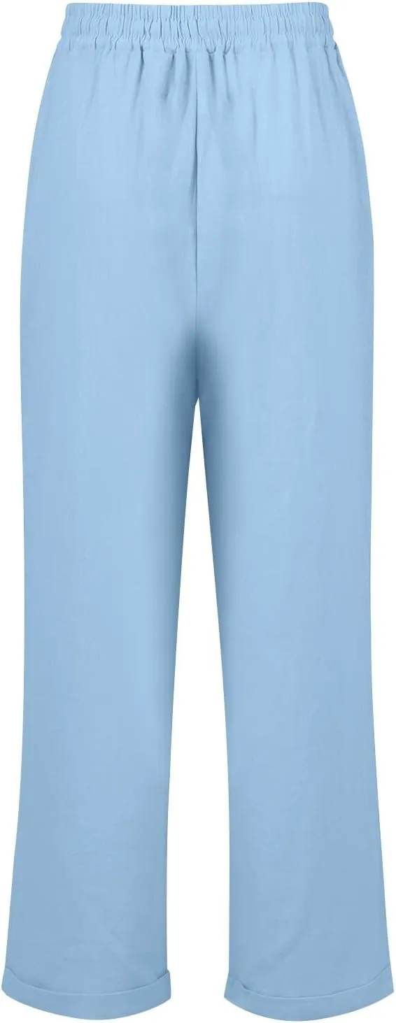 2024 Linen Crop Pants for Women Casual Summer Drawstring High Waisted Joggers with Pockets Straight Leg Cropped Pants