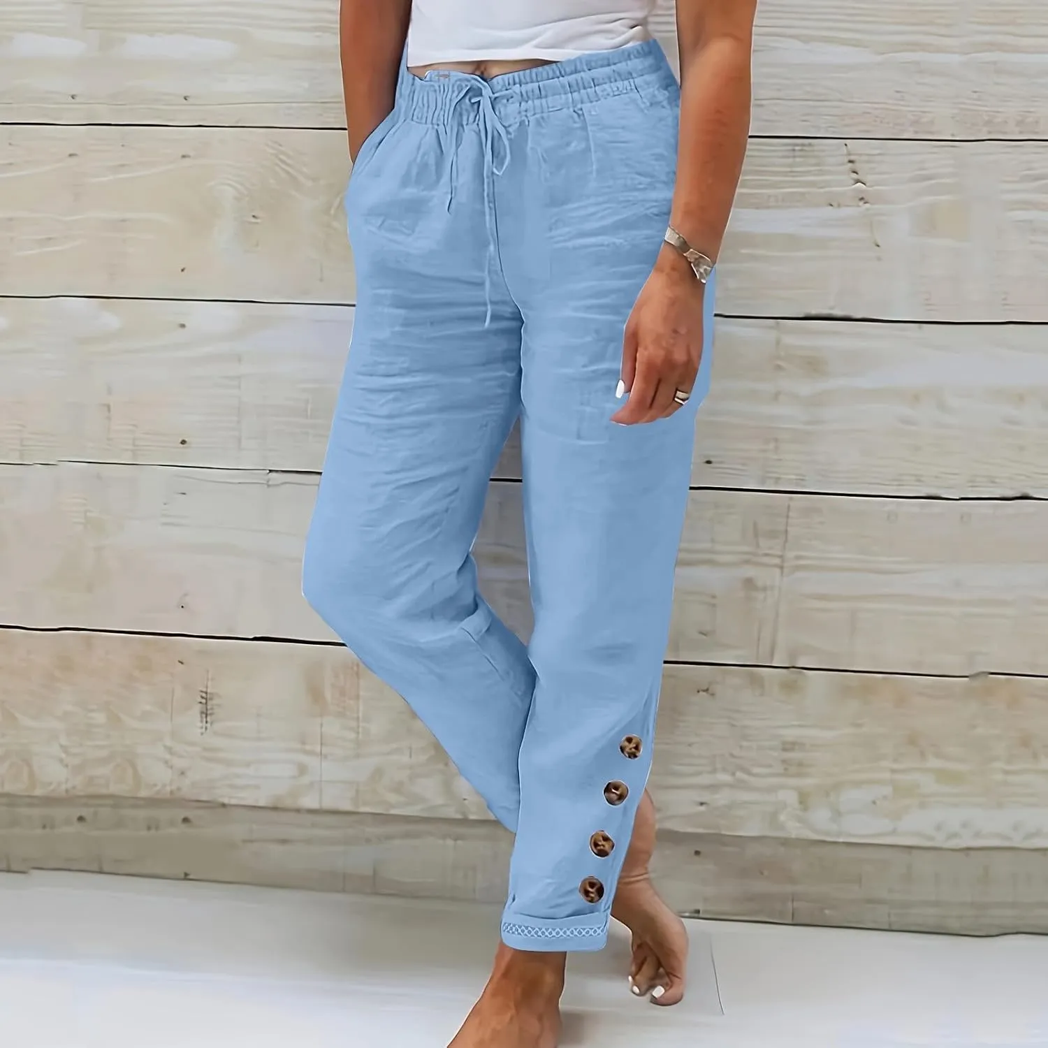2024 Linen Crop Pants for Women Casual Summer Drawstring High Waisted Joggers with Pockets Straight Leg Cropped Pants