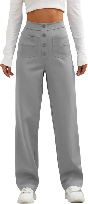 2024 Women's Casual Work Pants High Waisted Wide Leg Office Pants Stretchy Button Down Trousers with Multiple Pockets