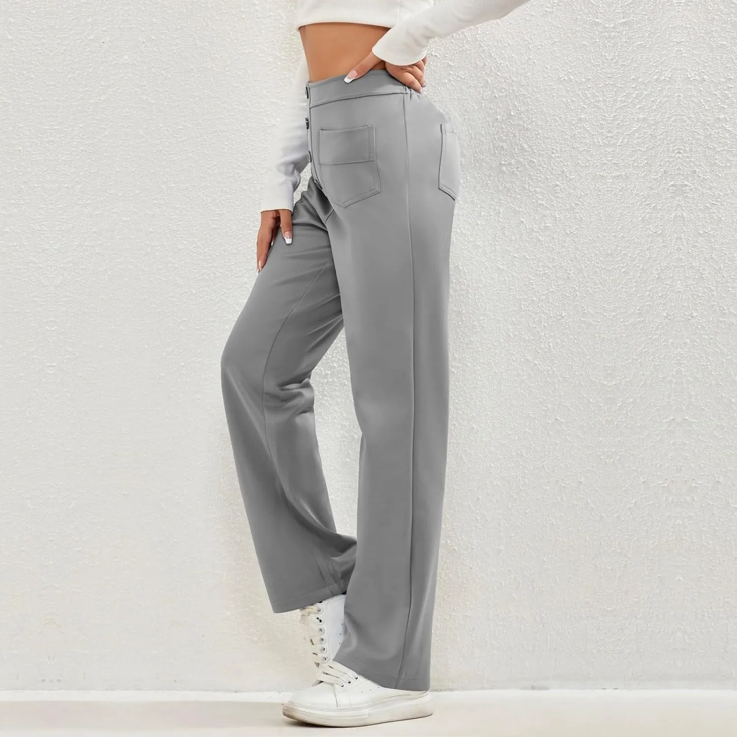 2024 Women's Casual Work Pants High Waisted Wide Leg Office Pants Stretchy Button Down Trousers with Multiple Pockets