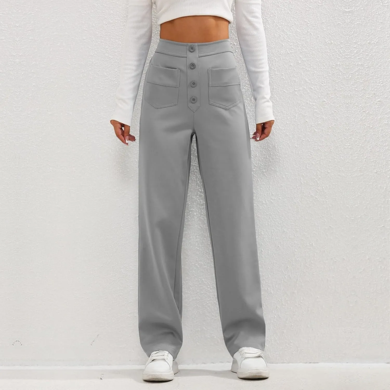 2024 Women's Casual Work Pants High Waisted Wide Leg Office Pants Stretchy Button Down Trousers with Multiple Pockets