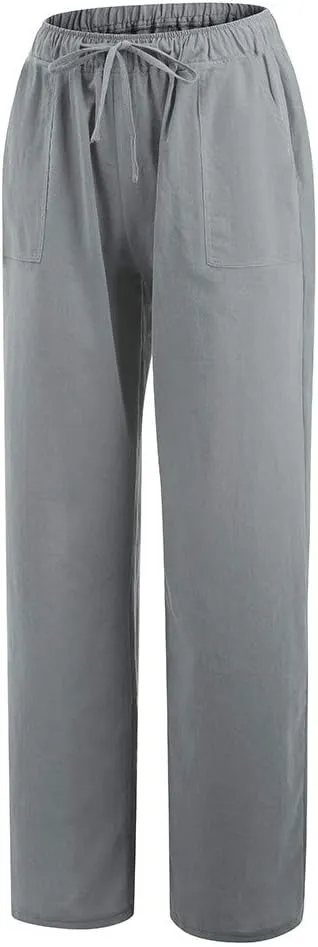 2024 Women's Summer Linen Pants Solid Wide Leg Beach Pants Drawstring Waist Loose Trouser Cotton Linen Yoga Palazzo Pants