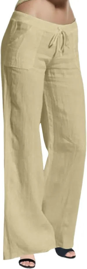 2024 Women's Summer Linen Pants Solid Wide Leg Beach Pants Drawstring Waist Loose Trouser Cotton Linen Yoga Palazzo Pants