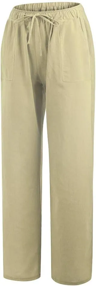 2024 Women's Summer Linen Pants Solid Wide Leg Beach Pants Drawstring Waist Loose Trouser Cotton Linen Yoga Palazzo Pants