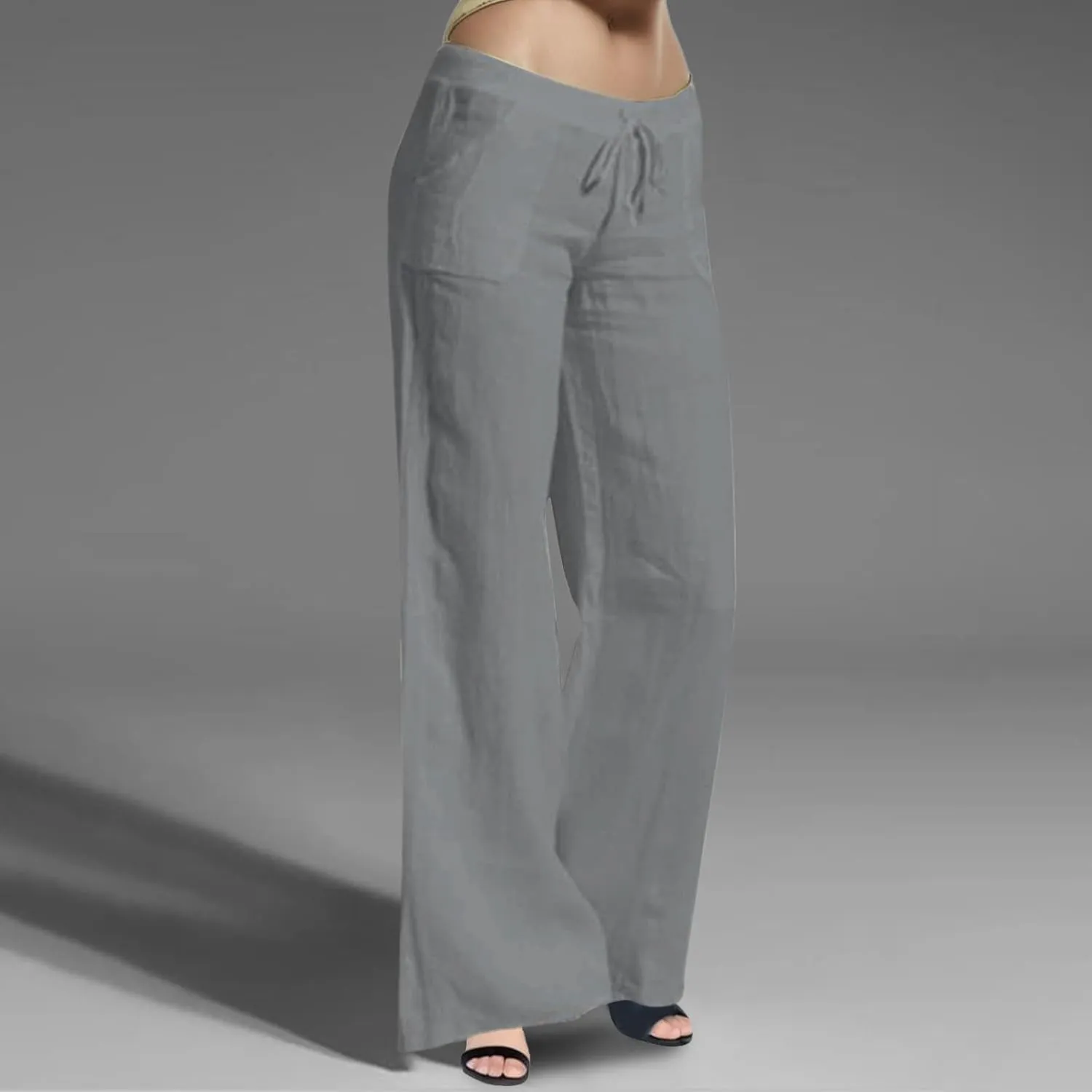 2024 Women's Summer Linen Pants Solid Wide Leg Beach Pants Drawstring Waist Loose Trouser Cotton Linen Yoga Palazzo Pants