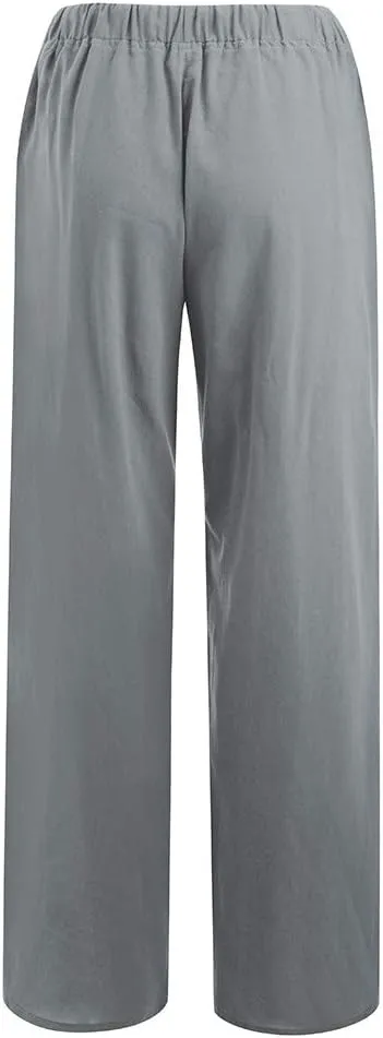 2024 Women's Summer Linen Pants Solid Wide Leg Beach Pants Drawstring Waist Loose Trouser Cotton Linen Yoga Palazzo Pants