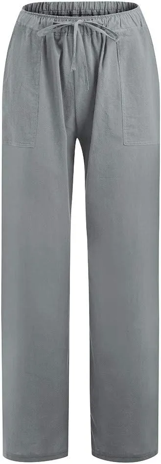 2024 Women's Summer Linen Pants Solid Wide Leg Beach Pants Drawstring Waist Loose Trouser Cotton Linen Yoga Palazzo Pants