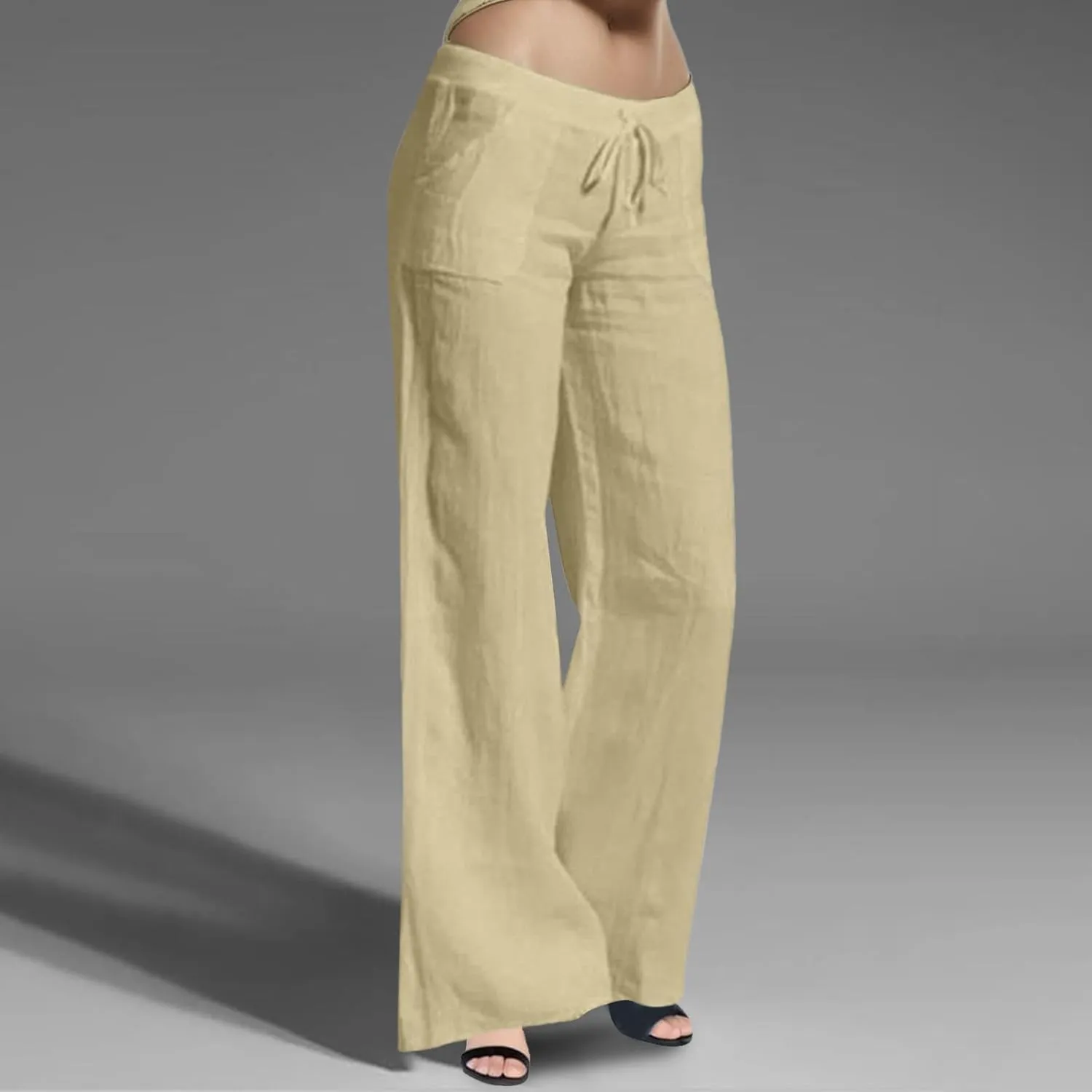 2024 Women's Summer Linen Pants Solid Wide Leg Beach Pants Drawstring Waist Loose Trouser Cotton Linen Yoga Palazzo Pants