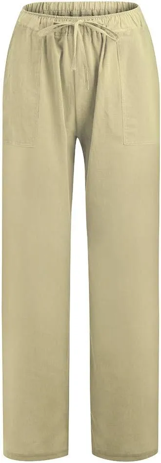 2024 Women's Summer Linen Pants Solid Wide Leg Beach Pants Drawstring Waist Loose Trouser Cotton Linen Yoga Palazzo Pants