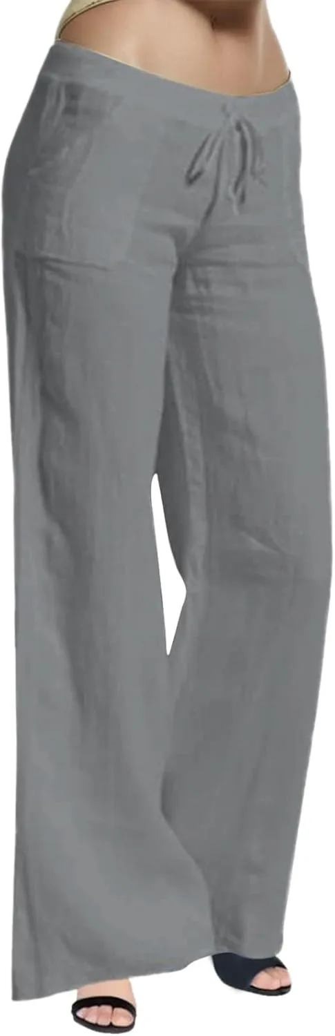 2024 Women's Summer Linen Pants Solid Wide Leg Beach Pants Drawstring Waist Loose Trouser Cotton Linen Yoga Palazzo Pants