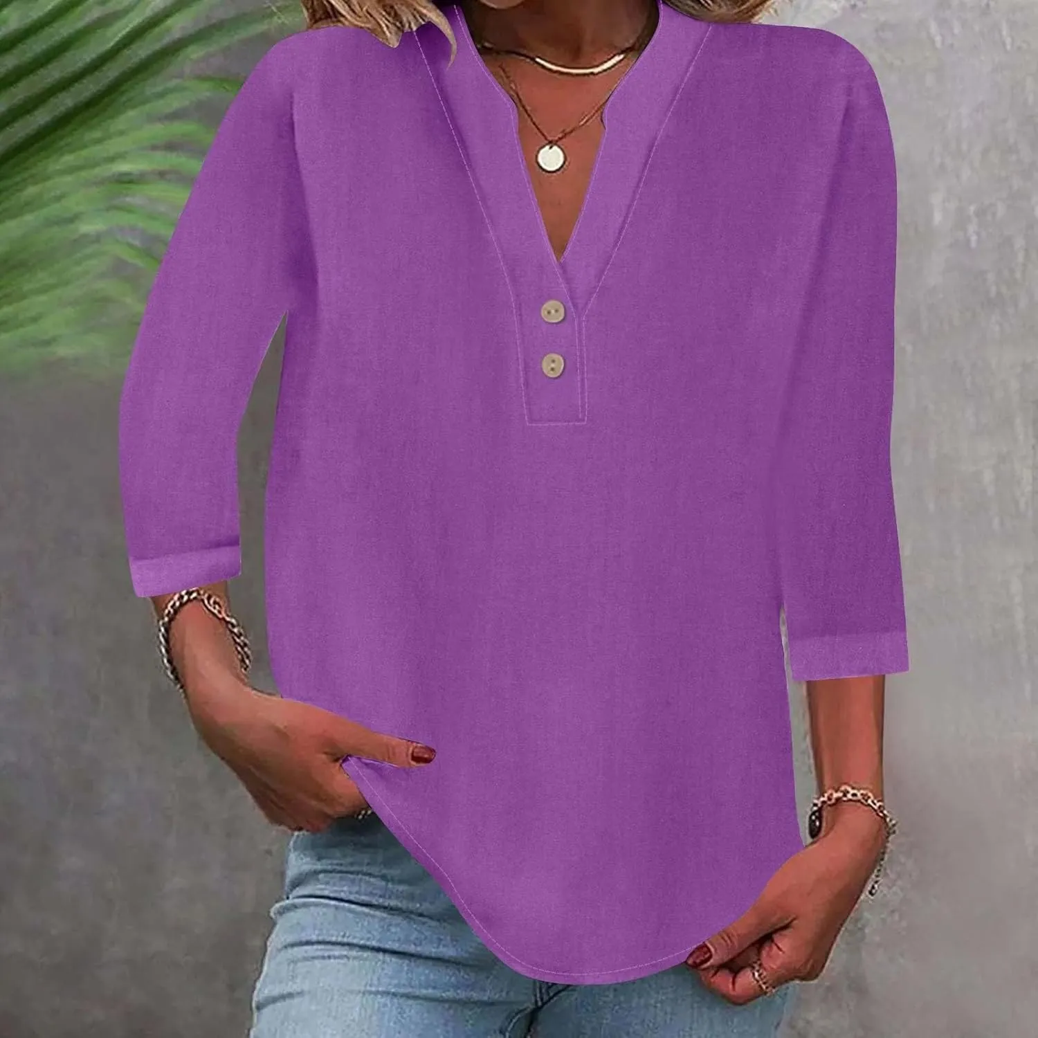 3/4 Sleeve Linen Tops for Women 2024 Loose Fit V Neck Button Down Henley Shirts Cute Solid Summer Beach Tee Shirts