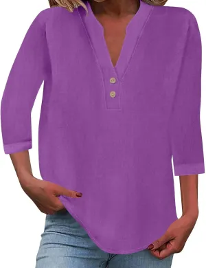 3/4 Sleeve Linen Tops for Women 2024 Loose Fit V Neck Button Down Henley Shirts Cute Solid Summer Beach Tee Shirts