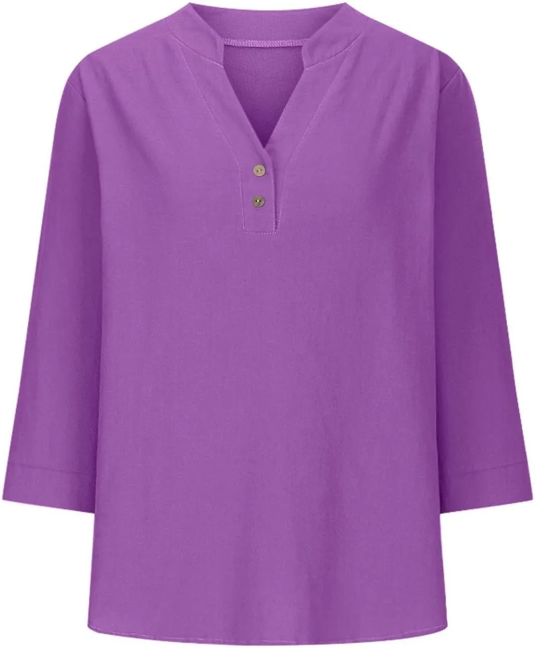 3/4 Sleeve Linen Tops for Women 2024 Loose Fit V Neck Button Down Henley Shirts Cute Solid Summer Beach Tee Shirts
