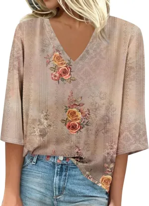 3/4 Sleeve T Shirts for Women V Neck 3/4 Sleeve Pullover Floral Print Baggy T Shirts Business Cute Work Tops