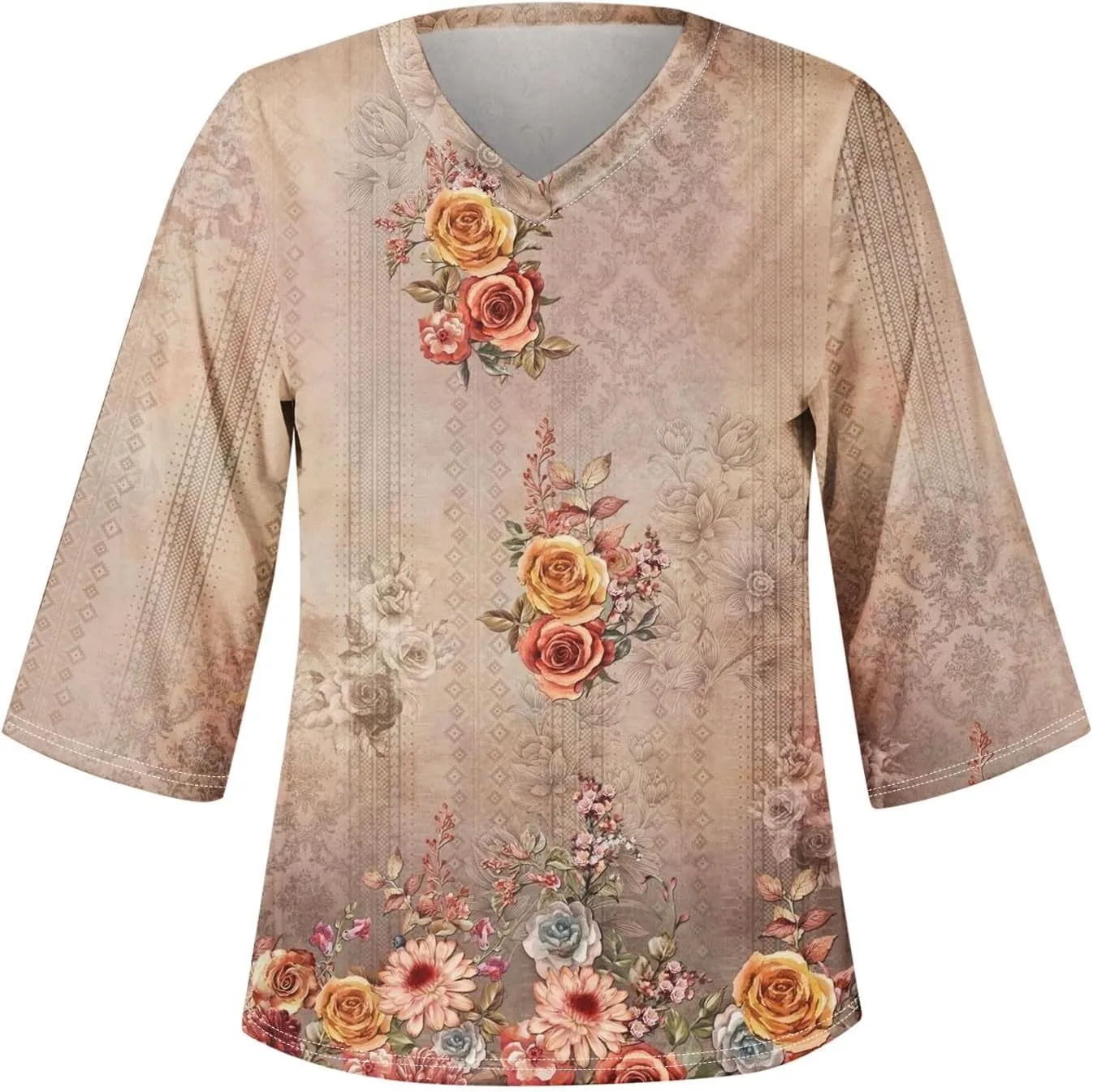 3/4 Sleeve T Shirts for Women V Neck 3/4 Sleeve Pullover Floral Print Baggy T Shirts Business Cute Work Tops