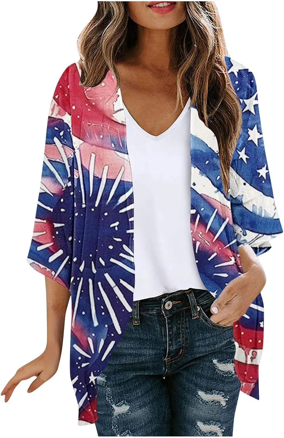 4th of July Outfits for Women Kimono Cardigans Swimsuits Cover Up Tops American Flag Red White and Blue Shirts
