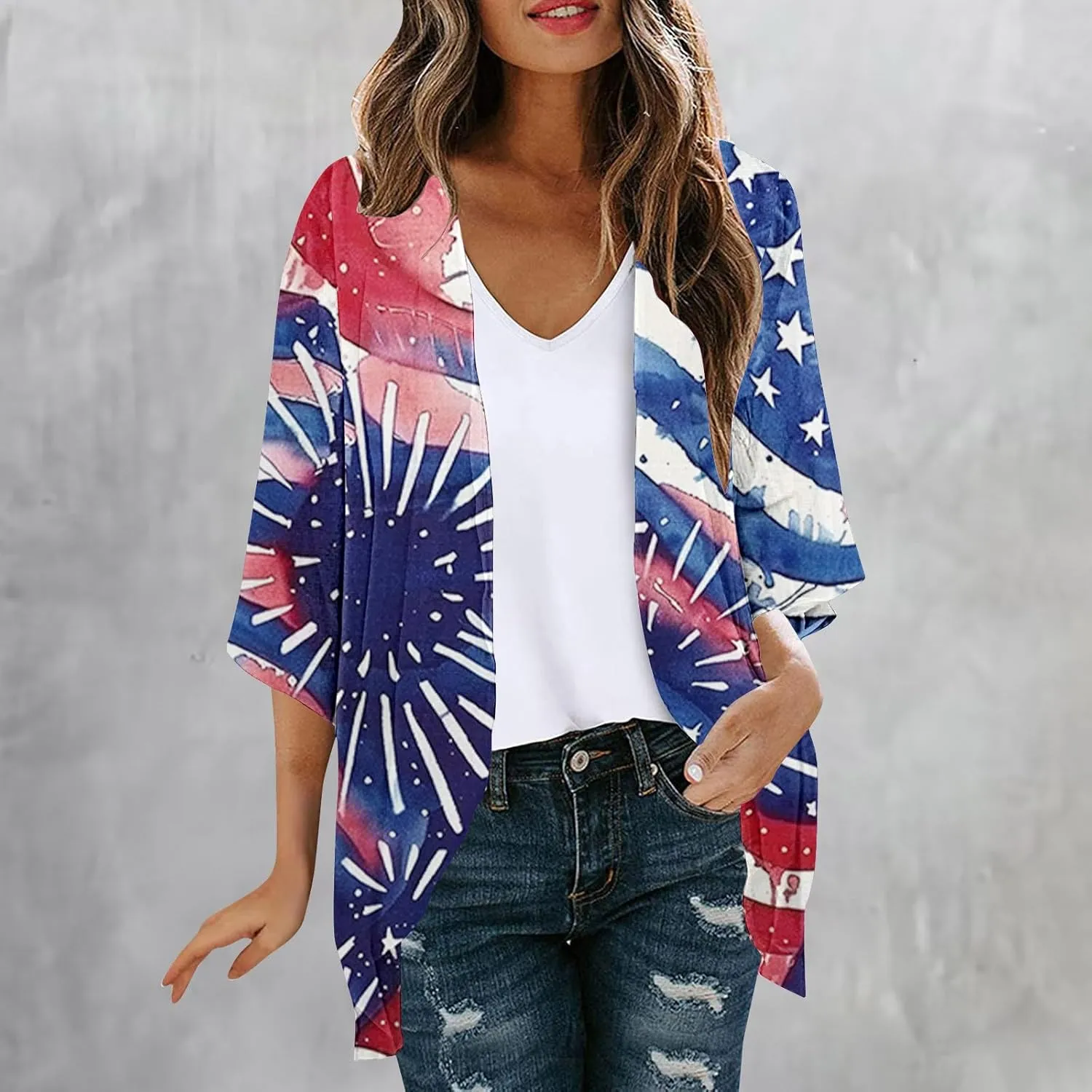 4th of July Outfits for Women Kimono Cardigans Swimsuits Cover Up Tops American Flag Red White and Blue Shirts