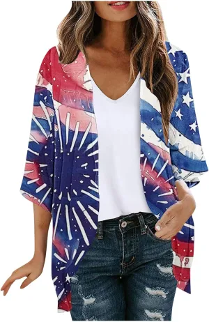 4th of July Outfits for Women Kimono Cardigans Swimsuits Cover Up Tops American Flag Red White and Blue Shirts