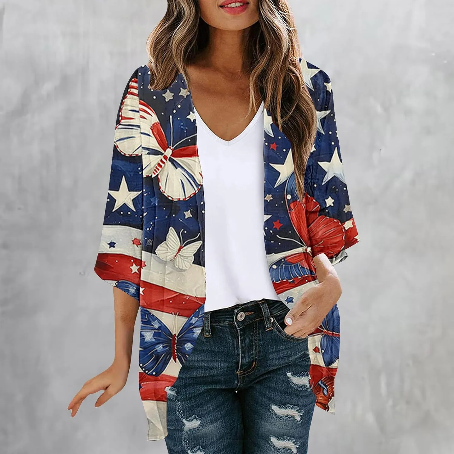 4th of July Outfits for Women Kimono Cardigans Swimsuits Cover Up Tops American Flag Red White and Blue Shirts