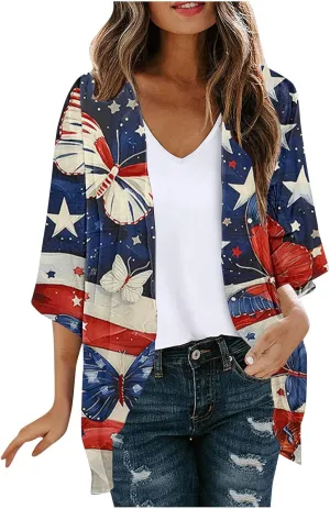 4th of July Outfits for Women Kimono Cardigans Swimsuits Cover Up Tops American Flag Red White and Blue Shirts
