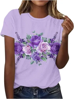 Alzheimers Awareness Shirts Women Summer Floral Print Tops O Neck Short Sleeve Lightweight Breathable Basic Clothing