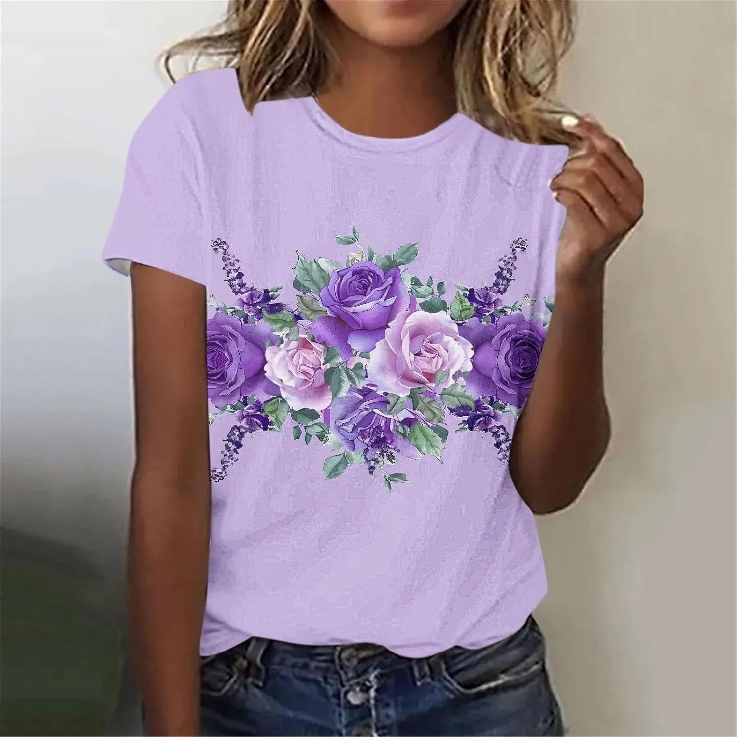 Alzheimers Awareness Shirts Women Summer Floral Print Tops O Neck Short Sleeve Lightweight Breathable Basic Clothing