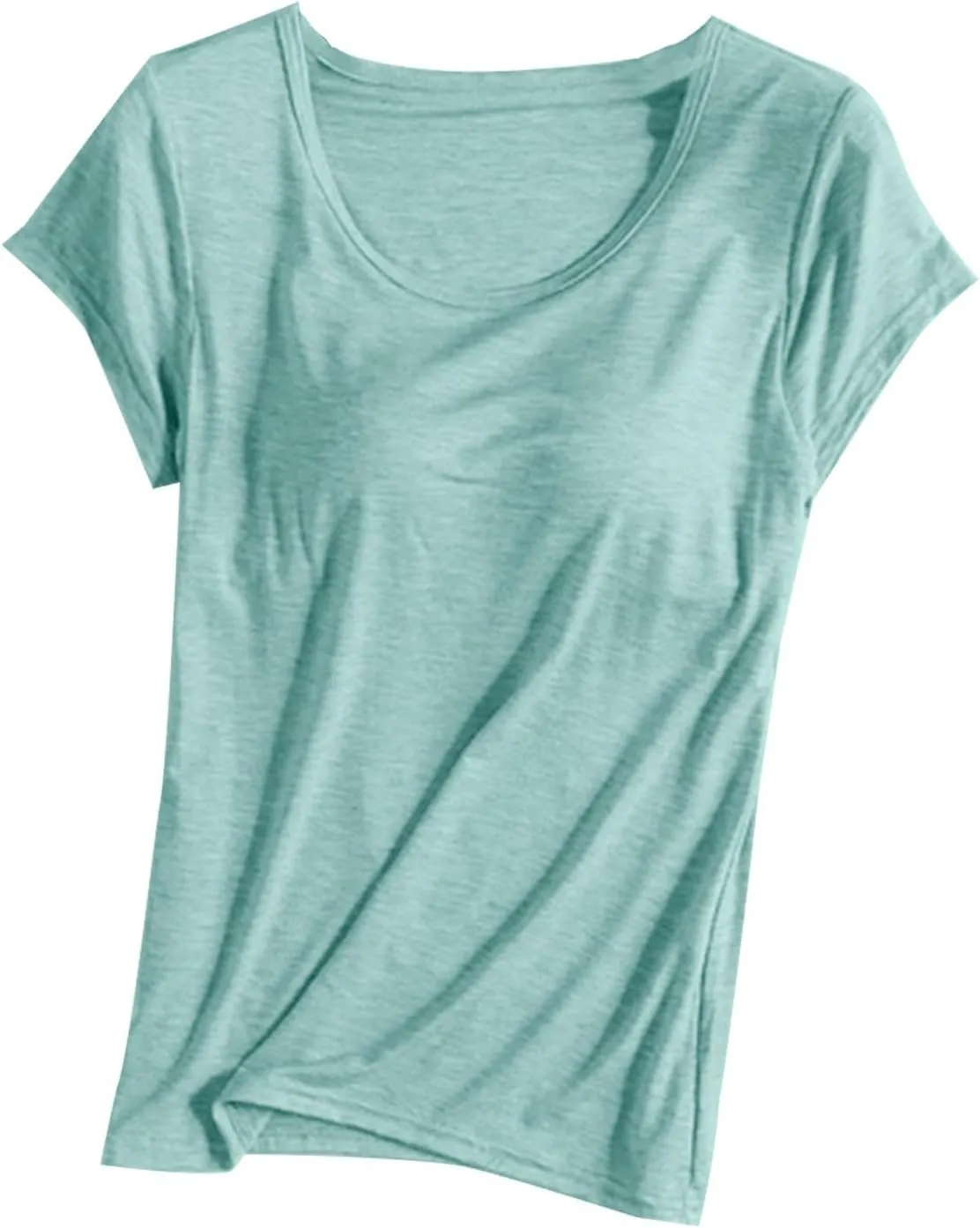Basic Tees for Women Built in Bra Short Sleeve Crewneck Tops Workout Yoga T Shirts Summer Blouses 2025