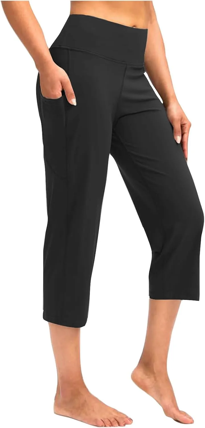Binmer Women's Yoga Capris Pants High Waist Leggings Crop Straight Leg Athletic Exercise Workout Capris Trousers with Pockets