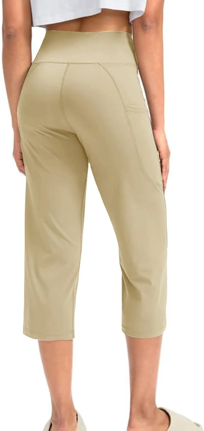 Binmer Women's Yoga Capris Pants High Waist Leggings Crop Straight Leg Athletic Exercise Workout Capris Trousers with Pockets