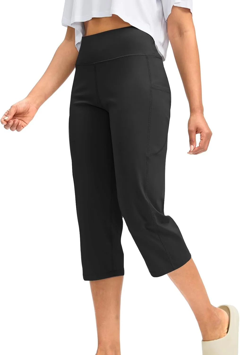 Binmer Women's Yoga Capris Pants High Waist Leggings Crop Straight Leg Athletic Exercise Workout Capris Trousers with Pockets