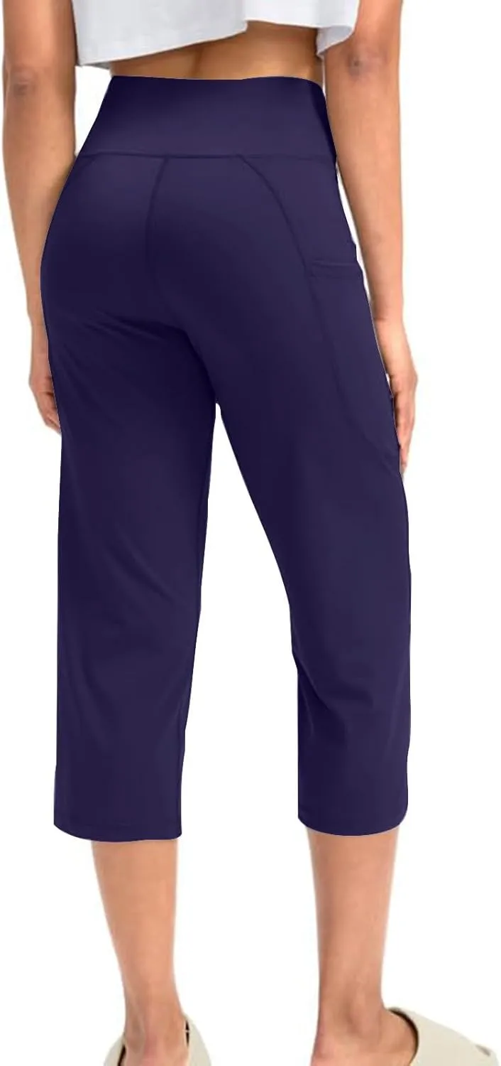 Binmer Women's Yoga Capris Pants High Waist Leggings Crop Straight Leg Athletic Exercise Workout Capris Trousers with Pockets