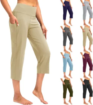 Binmer Women's Yoga Capris Pants High Waist Leggings Crop Straight Leg Athletic Exercise Workout Capris Trousers with Pockets
