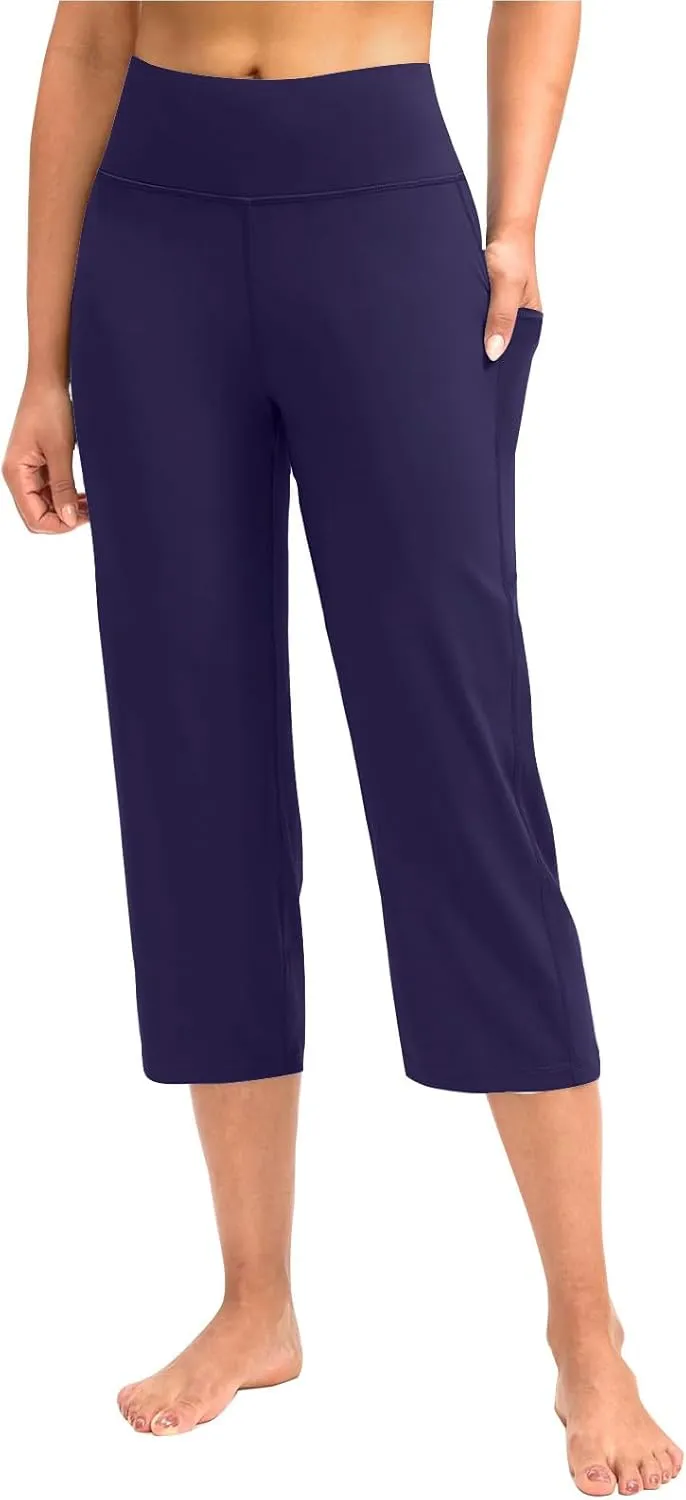Binmer Women's Yoga Capris Pants High Waist Leggings Crop Straight Leg Athletic Exercise Workout Capris Trousers with Pockets