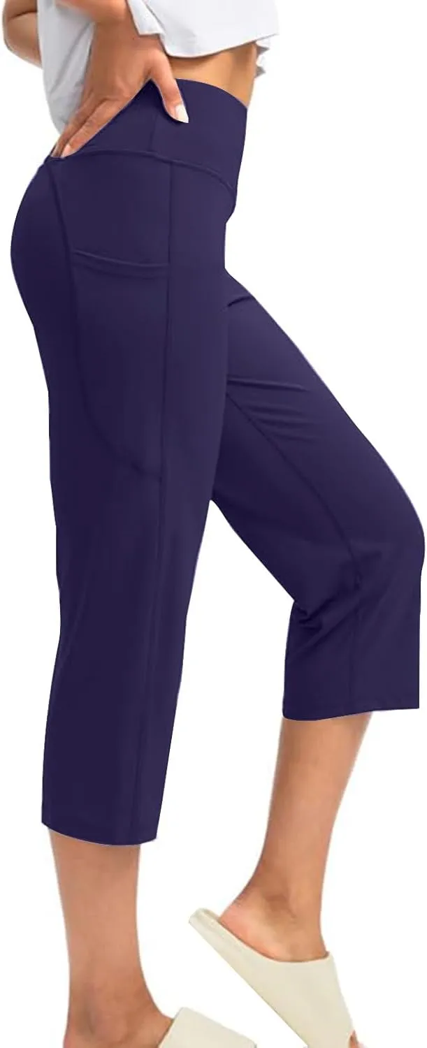 Binmer Women's Yoga Capris Pants High Waist Leggings Crop Straight Leg Athletic Exercise Workout Capris Trousers with Pockets