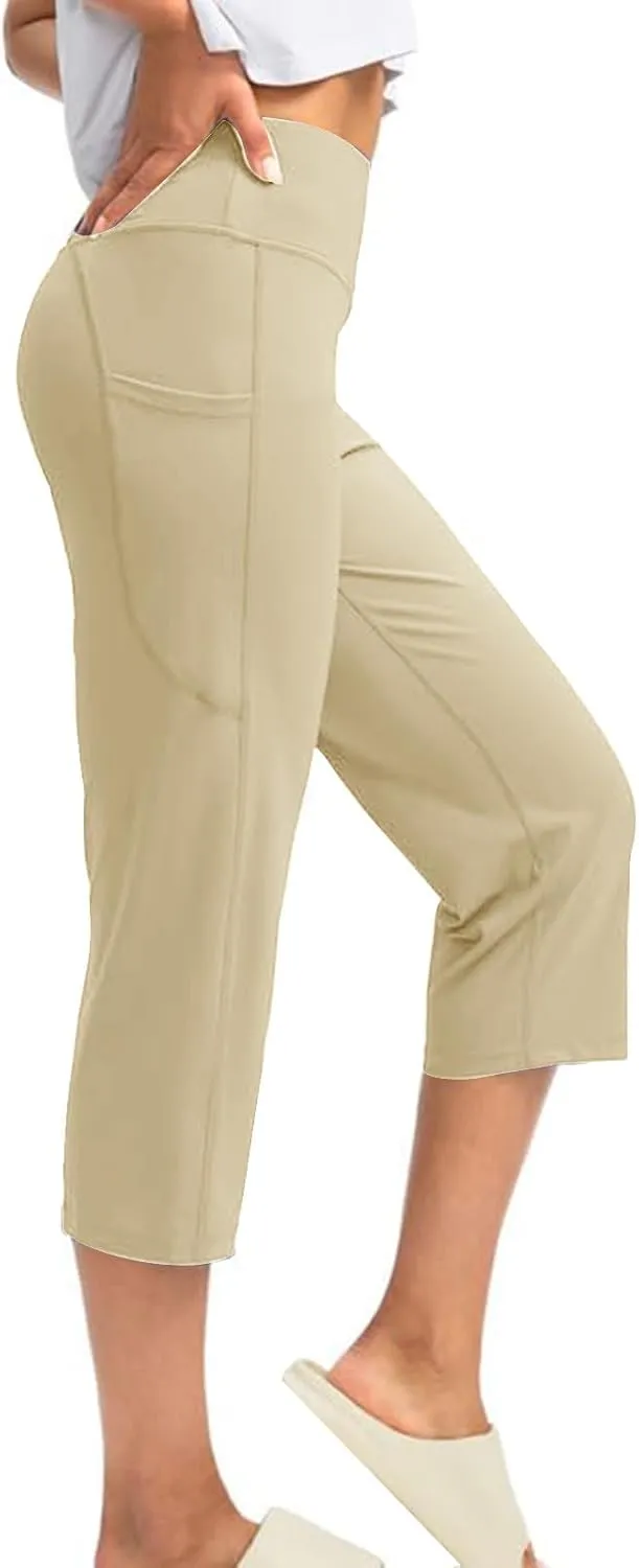 Binmer Women's Yoga Capris Pants High Waist Leggings Crop Straight Leg Athletic Exercise Workout Capris Trousers with Pockets