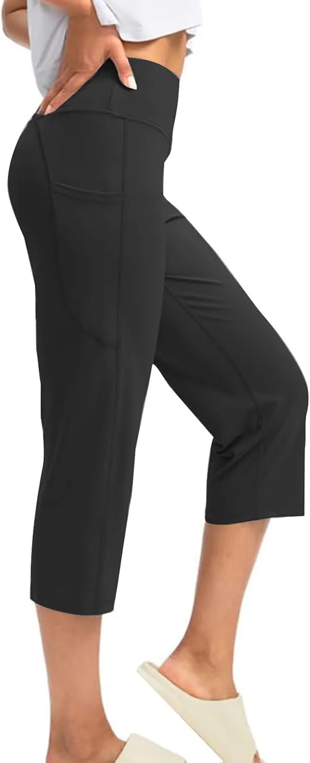 Binmer Women's Yoga Capris Pants High Waist Leggings Crop Straight Leg Athletic Exercise Workout Capris Trousers with Pockets