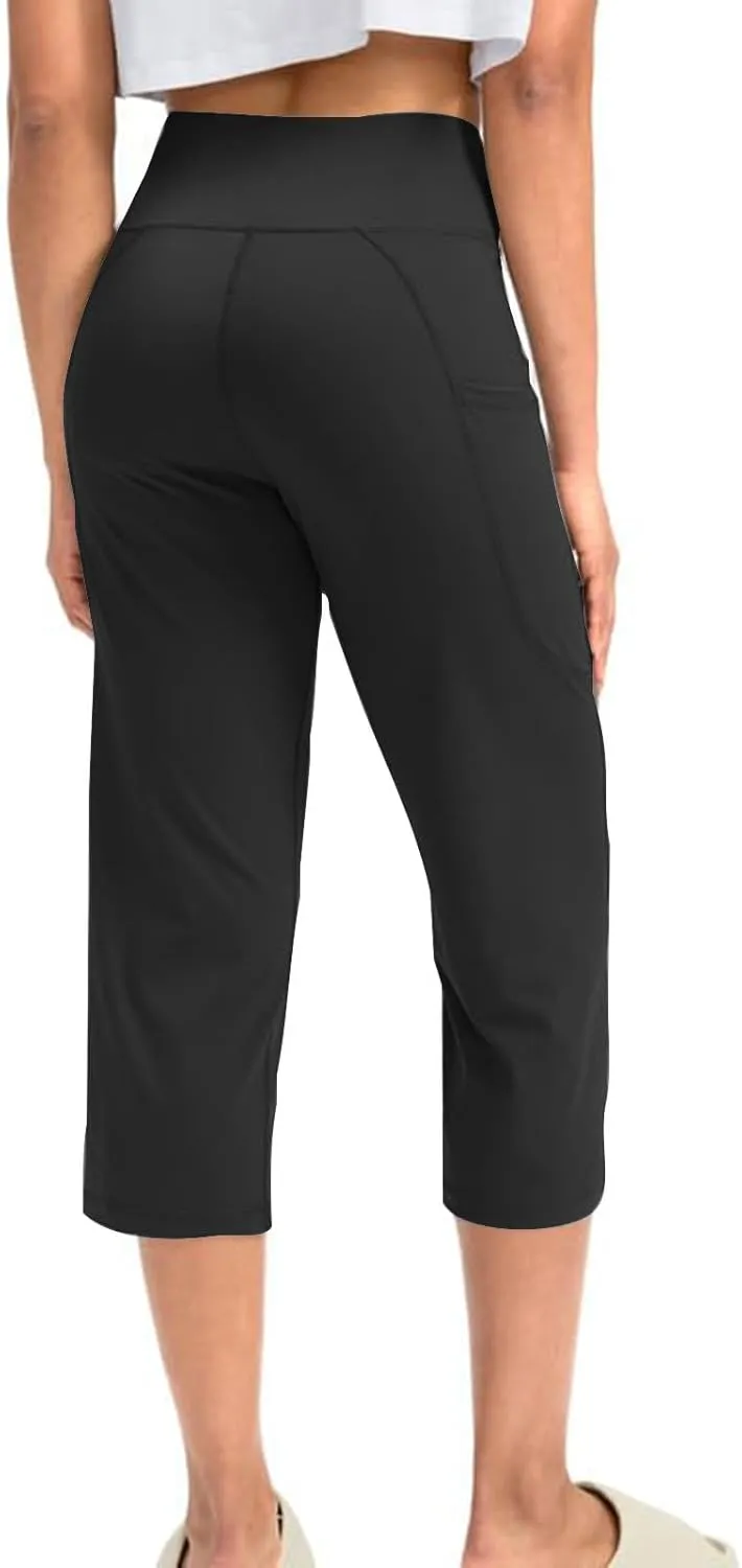 Binmer Women's Yoga Capris Pants High Waist Leggings Crop Straight Leg Athletic Exercise Workout Capris Trousers with Pockets