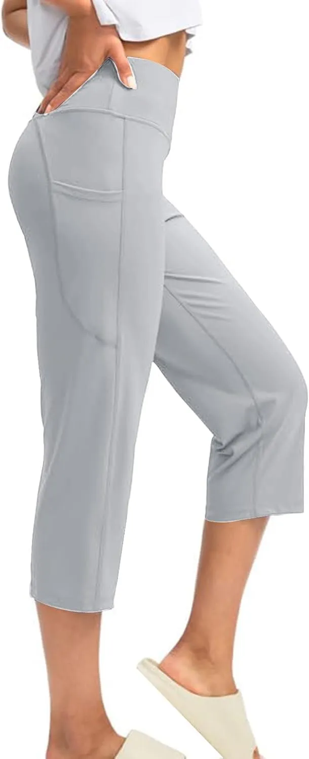 Binmer Women's Yoga Capris Pants High Waist Leggings Crop Straight Leg Athletic Exercise Workout Capris Trousers with Pockets