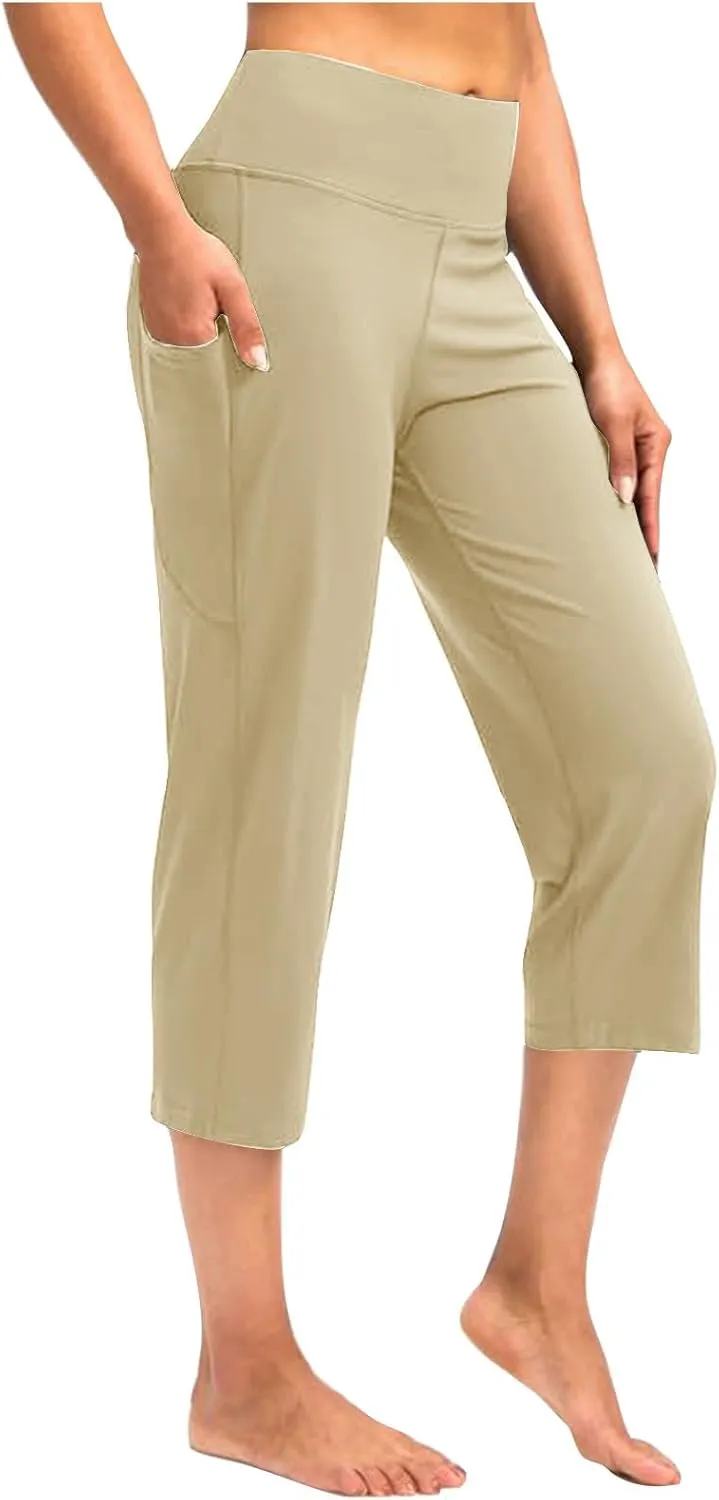 Binmer Women's Yoga Capris Pants High Waist Leggings Crop Straight Leg Athletic Exercise Workout Capris Trousers with Pockets