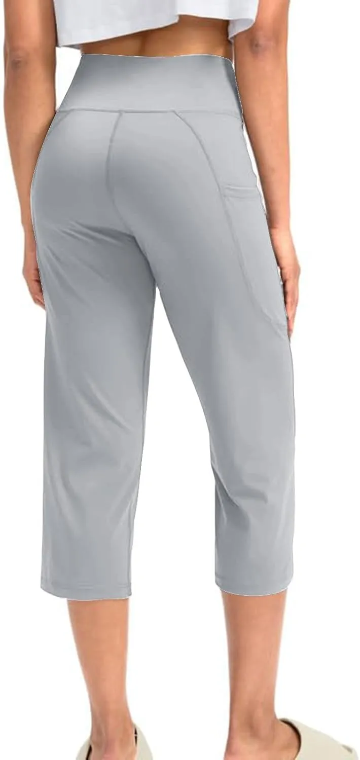 Binmer Women's Yoga Capris Pants High Waist Leggings Crop Straight Leg Athletic Exercise Workout Capris Trousers with Pockets
