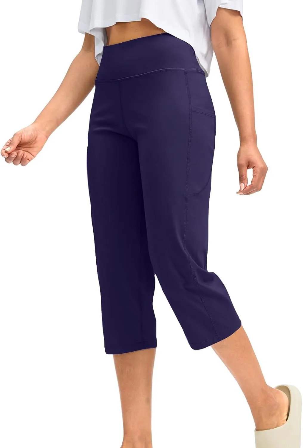 Binmer Women's Yoga Capris Pants High Waist Leggings Crop Straight Leg Athletic Exercise Workout Capris Trousers with Pockets