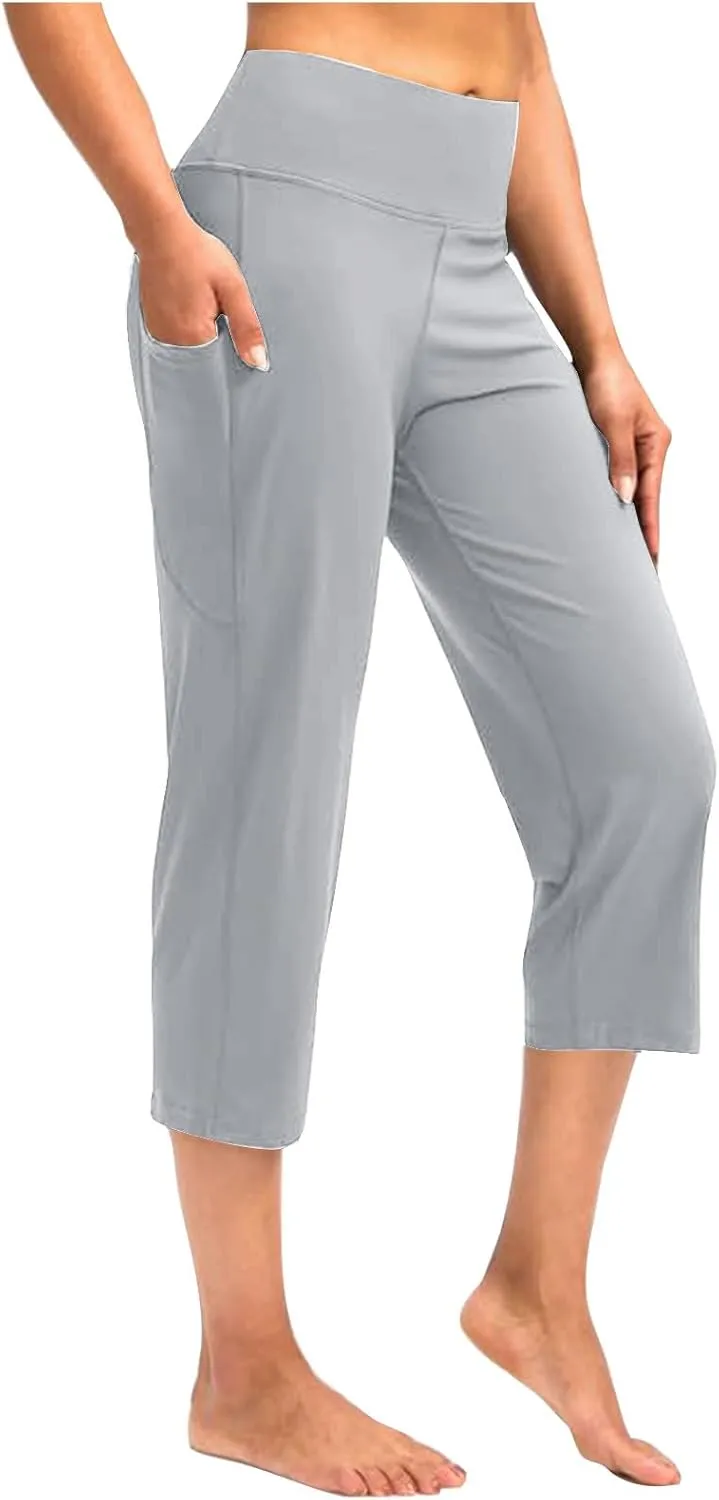 Binmer Women's Yoga Capris Pants High Waist Leggings Crop Straight Leg Athletic Exercise Workout Capris Trousers with Pockets