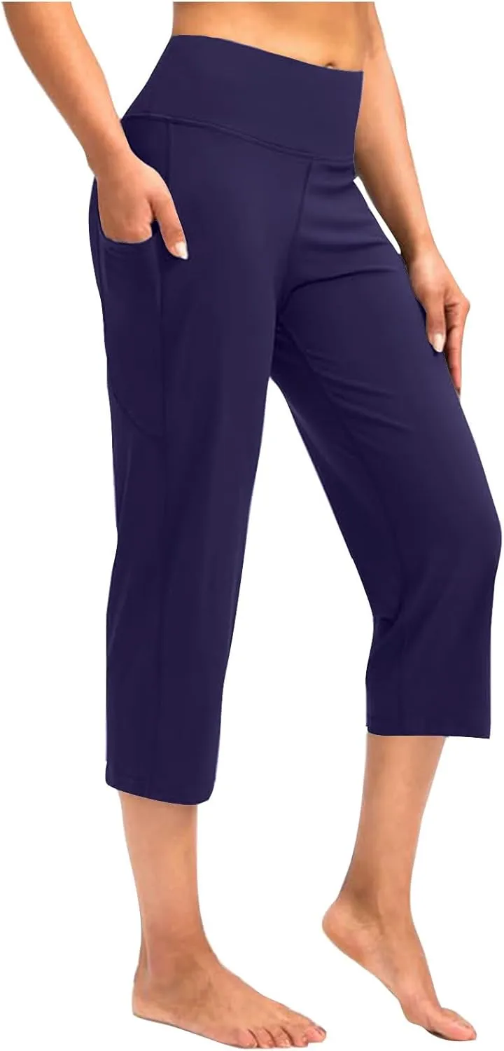 Binmer Women's Yoga Capris Pants High Waist Leggings Crop Straight Leg Athletic Exercise Workout Capris Trousers with Pockets
