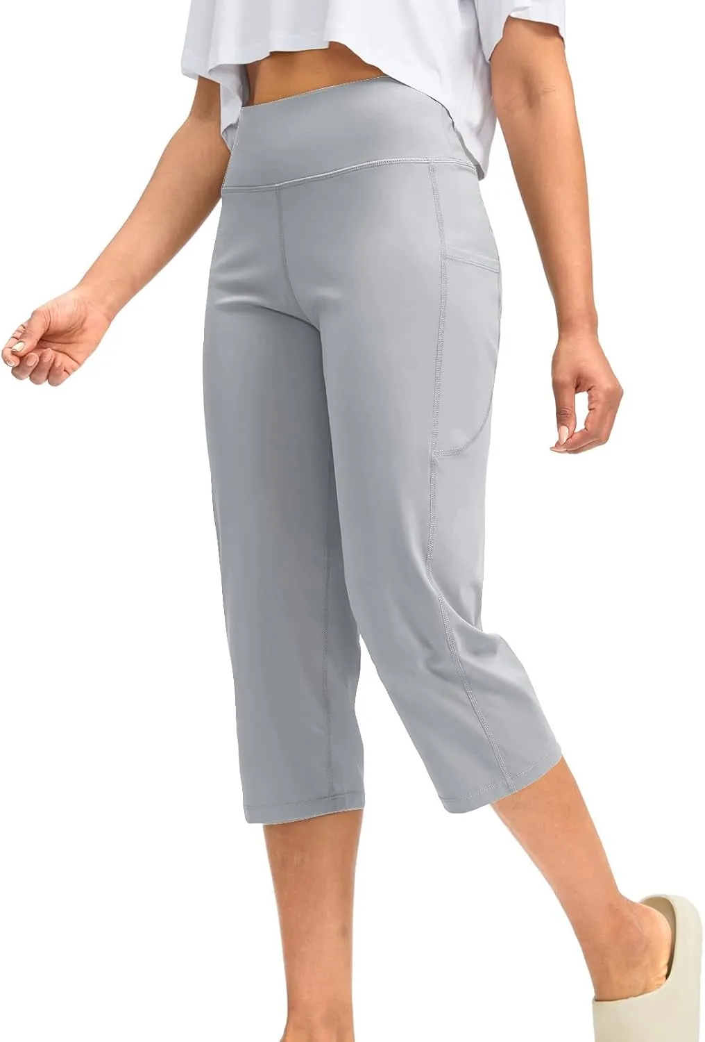 Binmer Women's Yoga Capris Pants High Waist Leggings Crop Straight Leg Athletic Exercise Workout Capris Trousers with Pockets