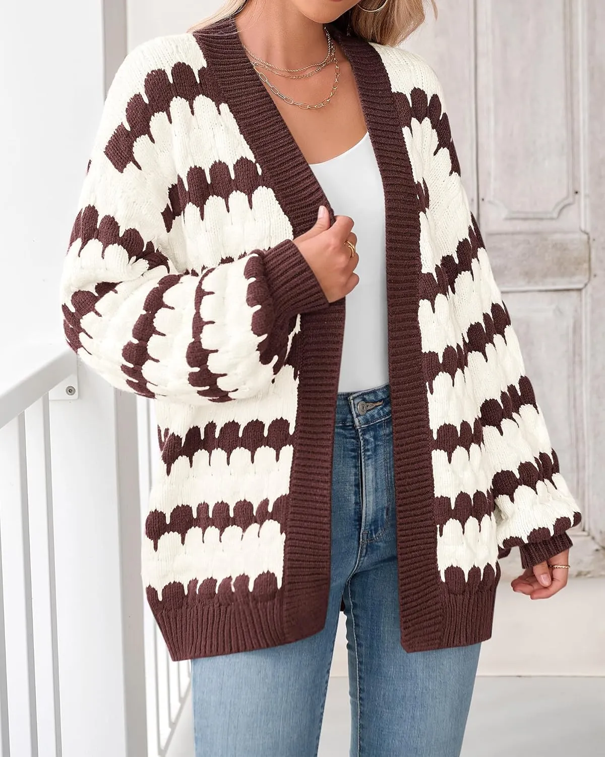 BTFBM Womens Open Front Cardigan Sweater 2024 Fall Winter Long Sleeve Loose Color Block Chunky Cable Knit Outerwear Coat