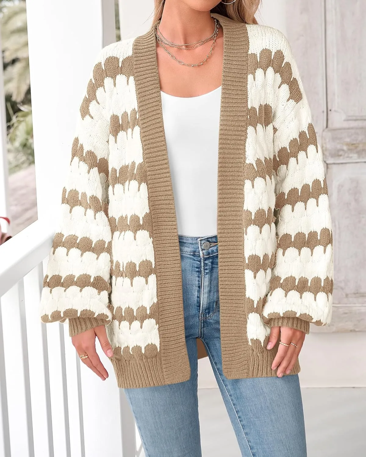 BTFBM Womens Open Front Cardigan Sweater 2024 Fall Winter Long Sleeve Loose Color Block Chunky Cable Knit Outerwear Coat