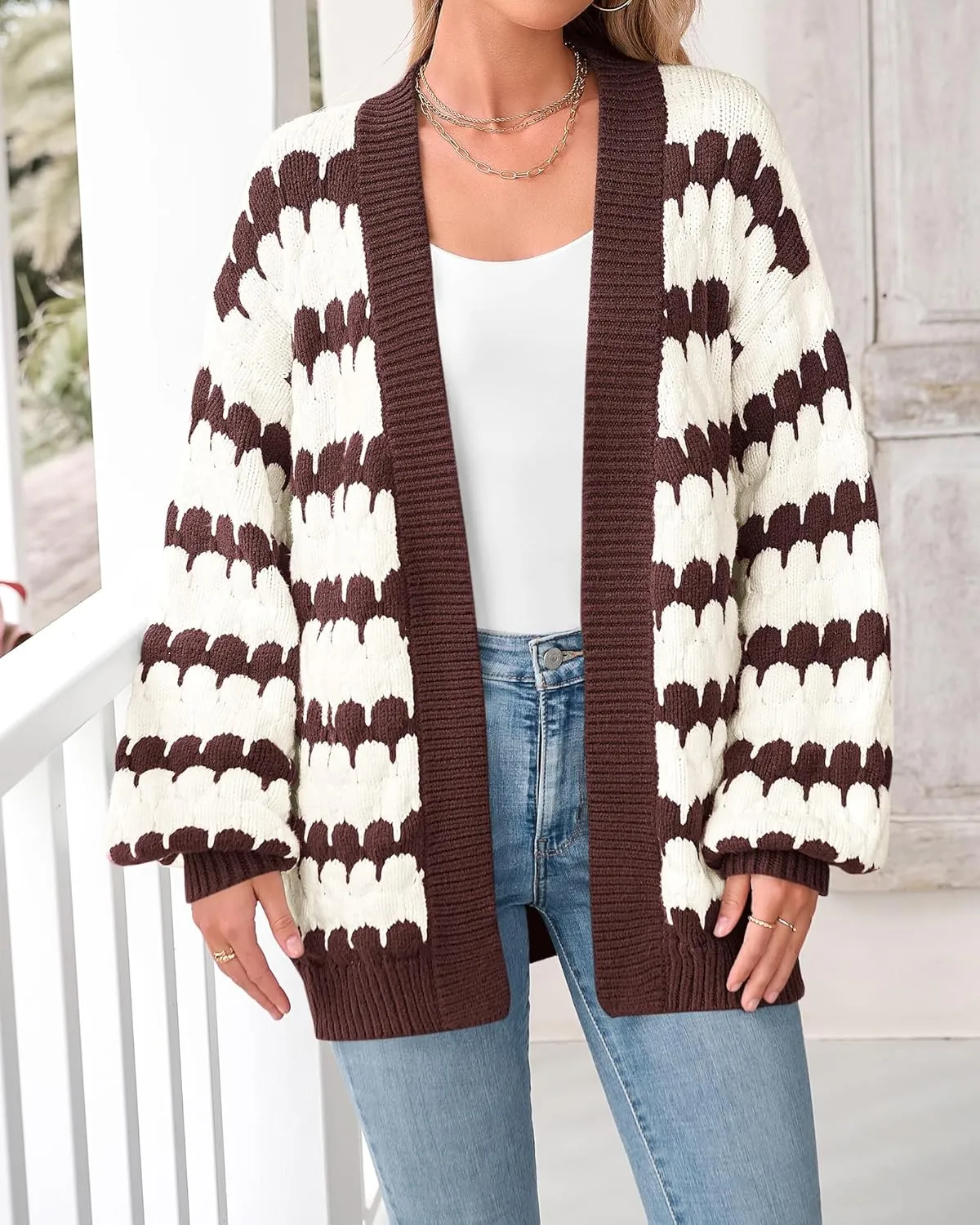 BTFBM Womens Open Front Cardigan Sweater 2024 Fall Winter Long Sleeve Loose Color Block Chunky Cable Knit Outerwear Coat