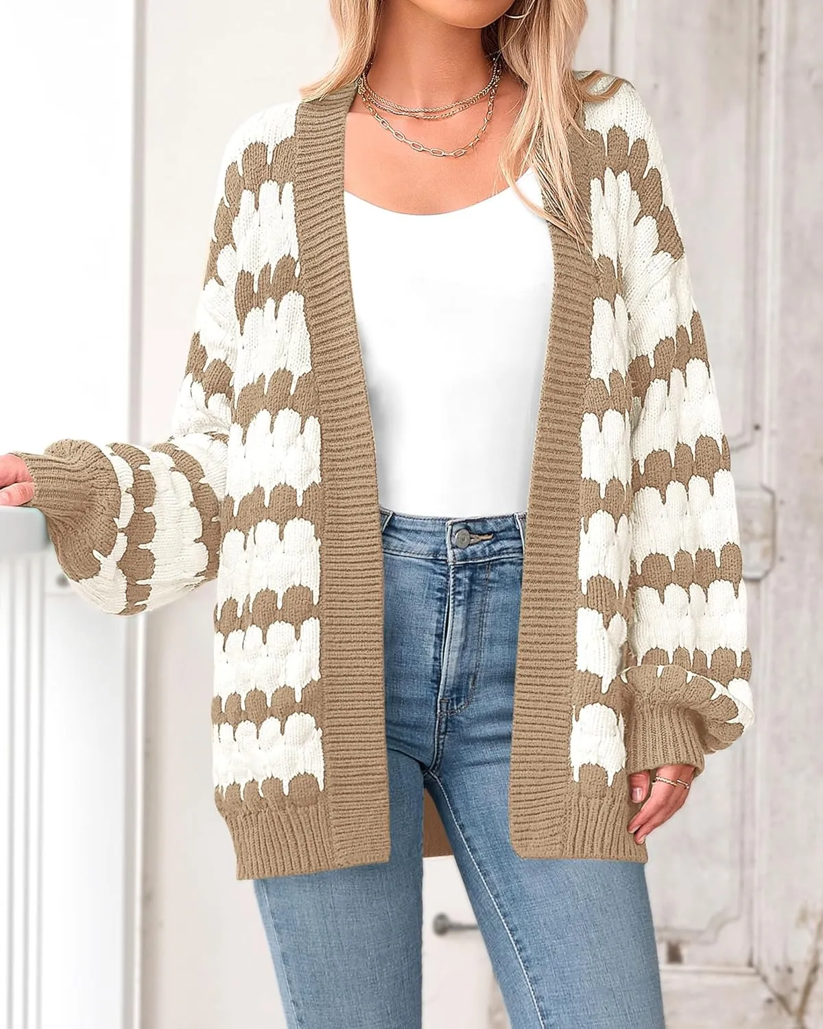 BTFBM Womens Open Front Cardigan Sweater 2024 Fall Winter Long Sleeve Loose Color Block Chunky Cable Knit Outerwear Coat